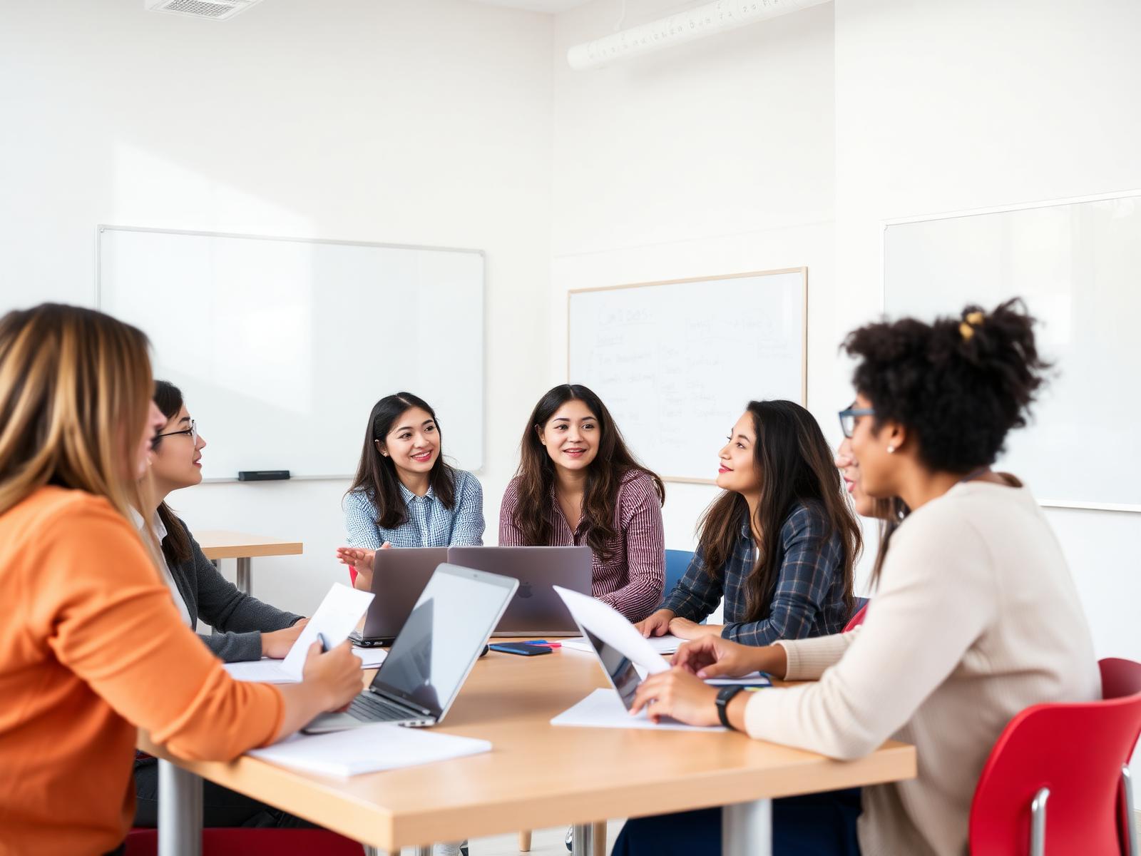 Turma internacional em sala de aula moderna e iluminada na CEL San Diego
