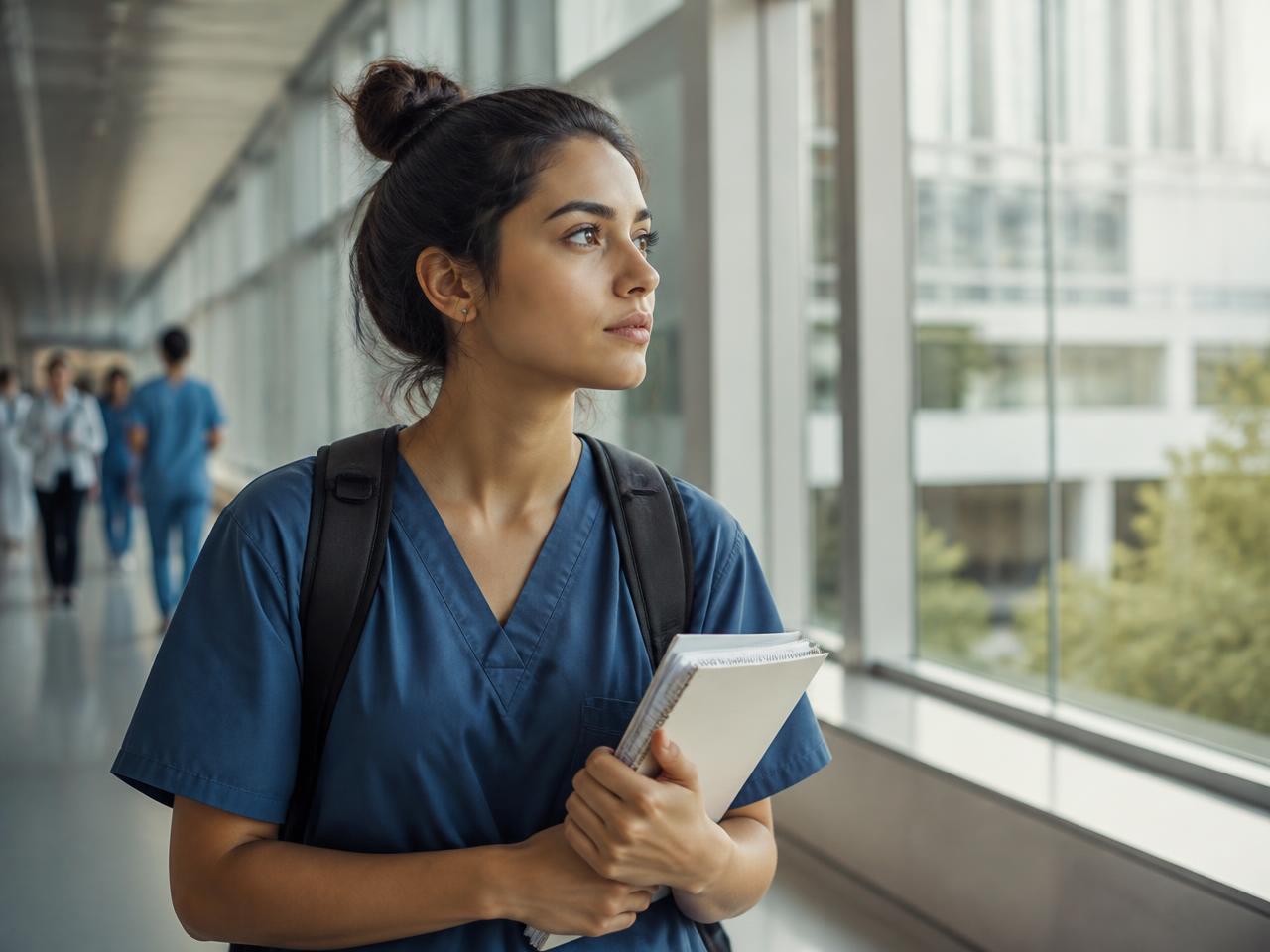 Estudante de Medicina em corredor de hospital universitário, com caderno em mãos