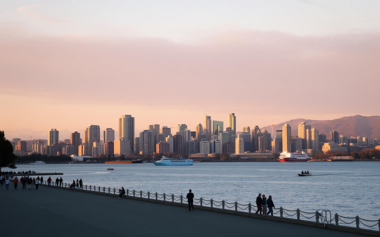 Orla de Vancouver ao entardecer, com o skyline do centro, o mar e as montanhas ao fundo