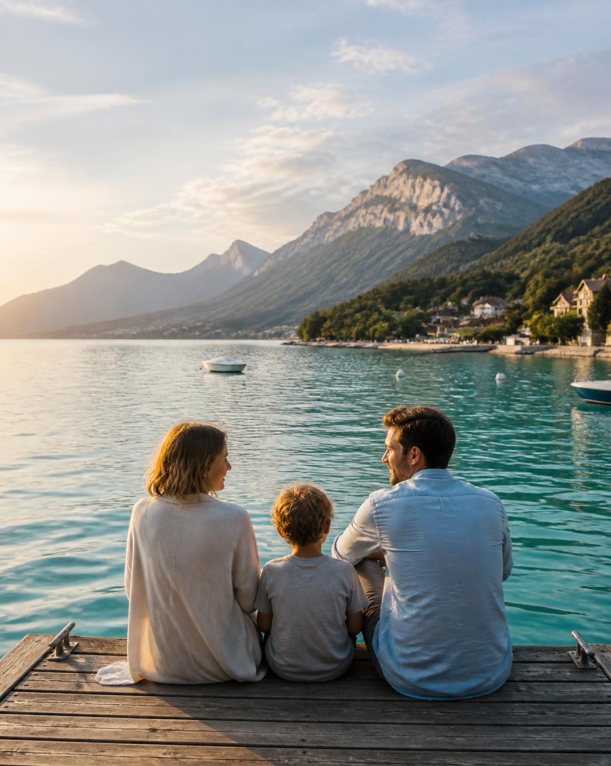 Pais e filho sentados em um píer diante do lago de Annecy, com os Alpes ao fundo