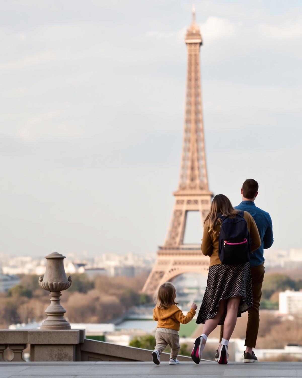 Família diante da Torre Eiffel vista do Trocadéro
