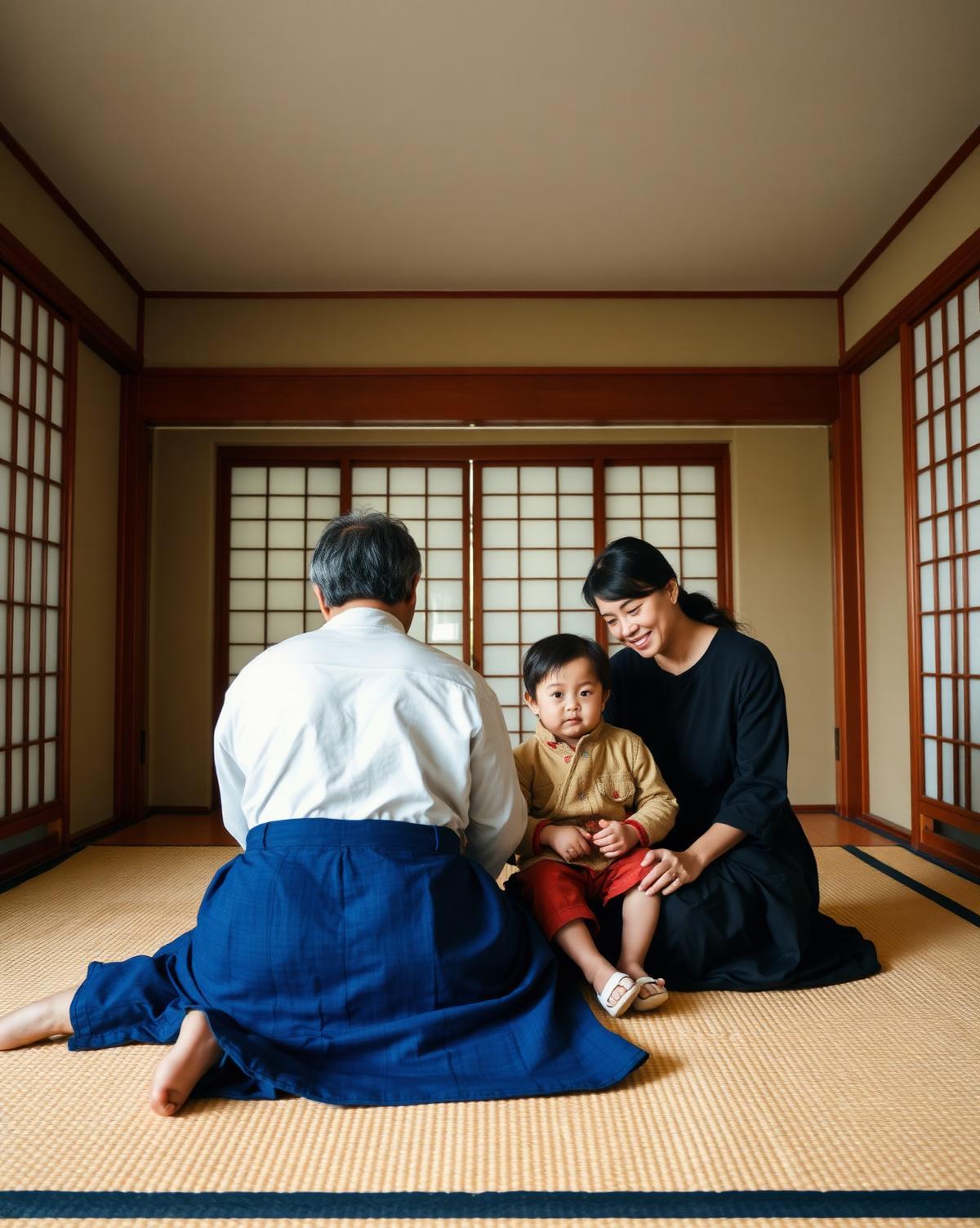 Pais e filho sentados juntos em um ambiente tradicional japonês, em um momento tranquilo da viagem