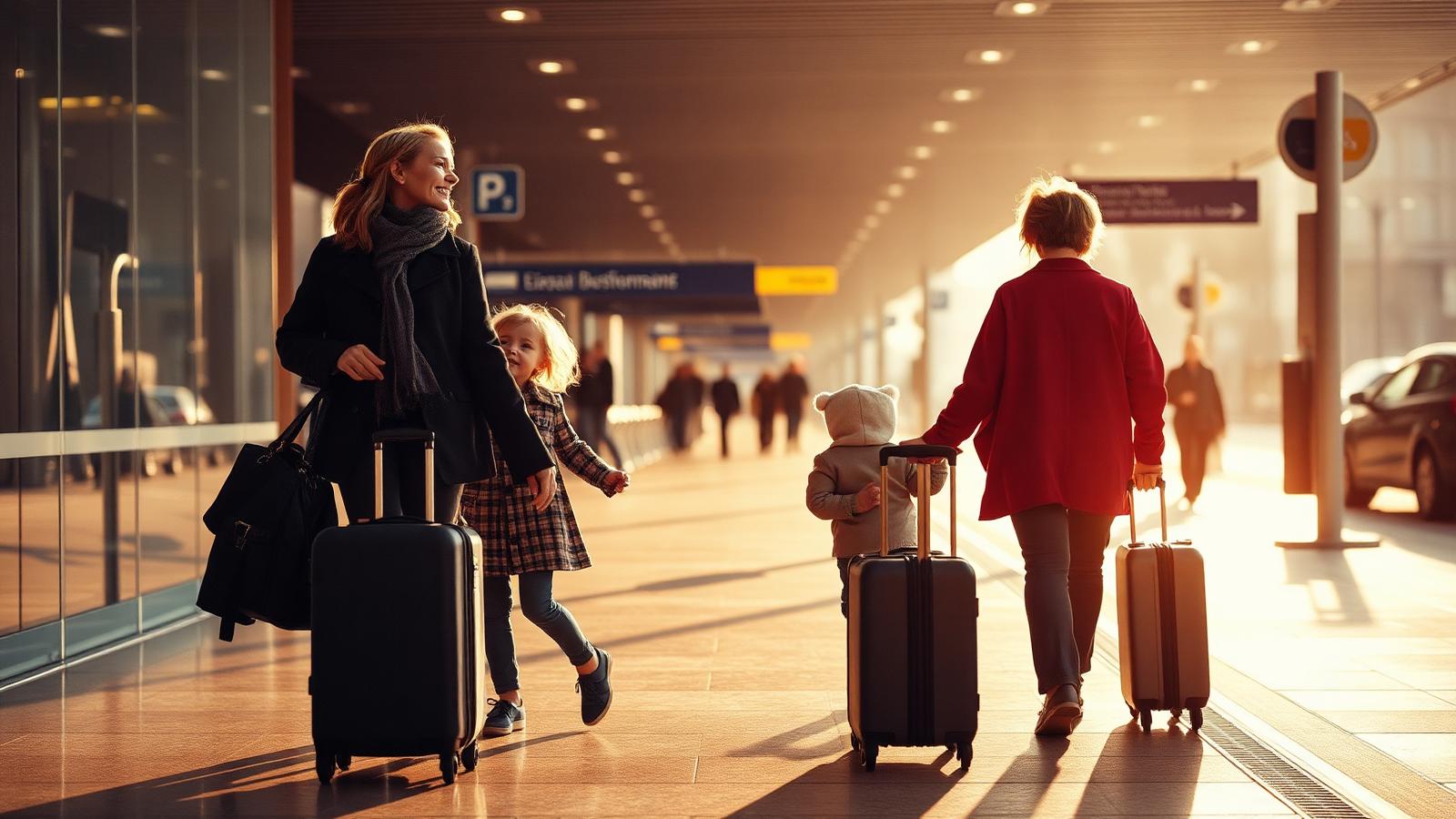 Família chegando à França com bagagens, em luz suave de manhã