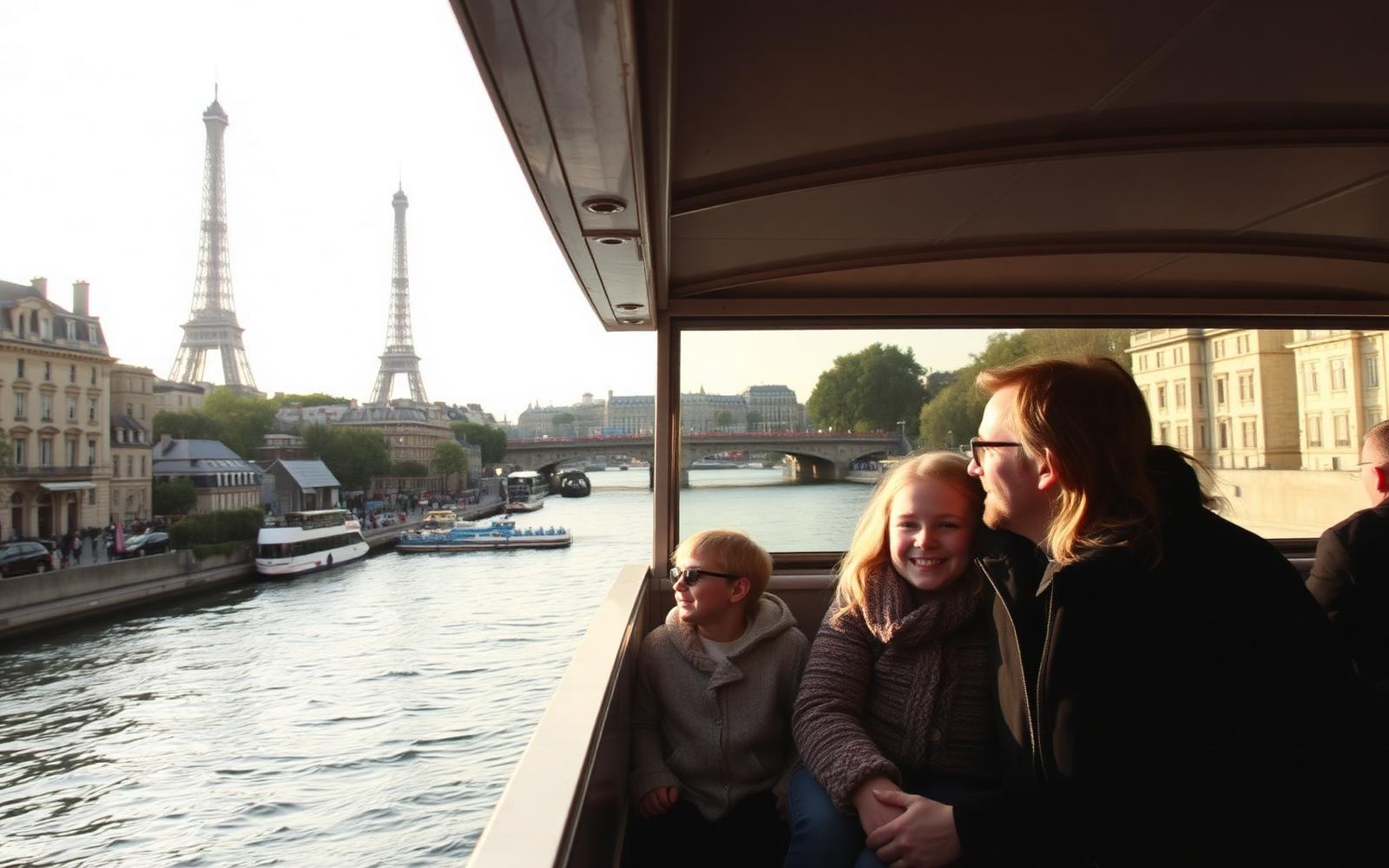 Pais e filhos em um passeio pelo Rio Sena, com Paris ao redor
